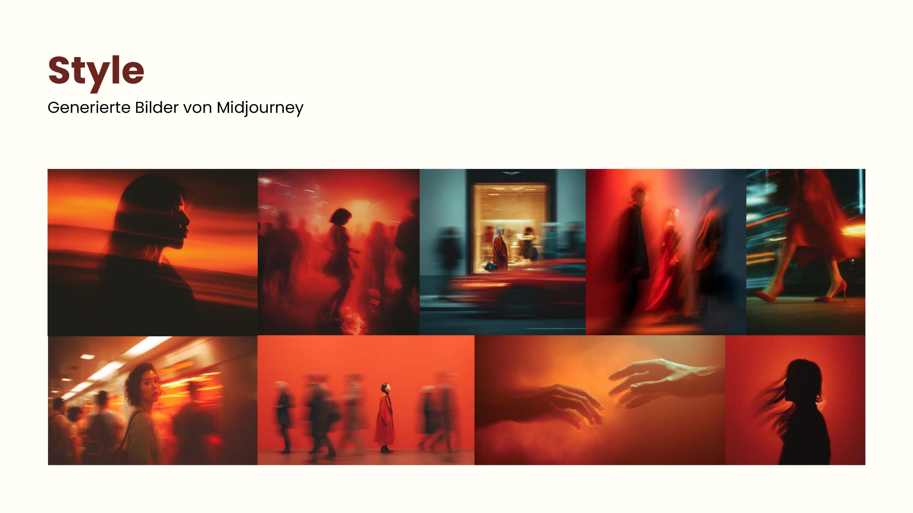 Mit Midjourney generierte Bilder in derselben Rot-Orange-Bildwelt als Ergänzung zum Moodboard
