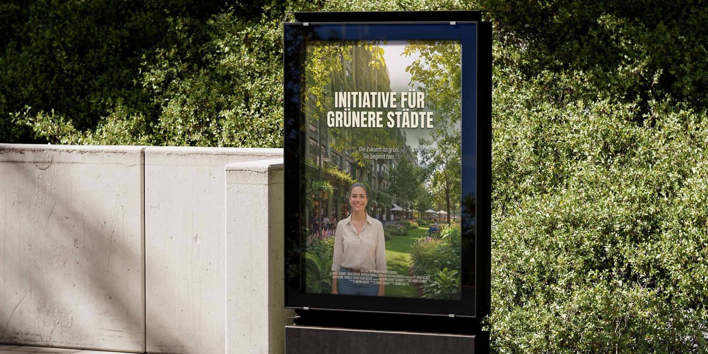 Mockup des Filmplakats „Initiative für grünere Städte“ auf einer Stadt-Litfaßsäule