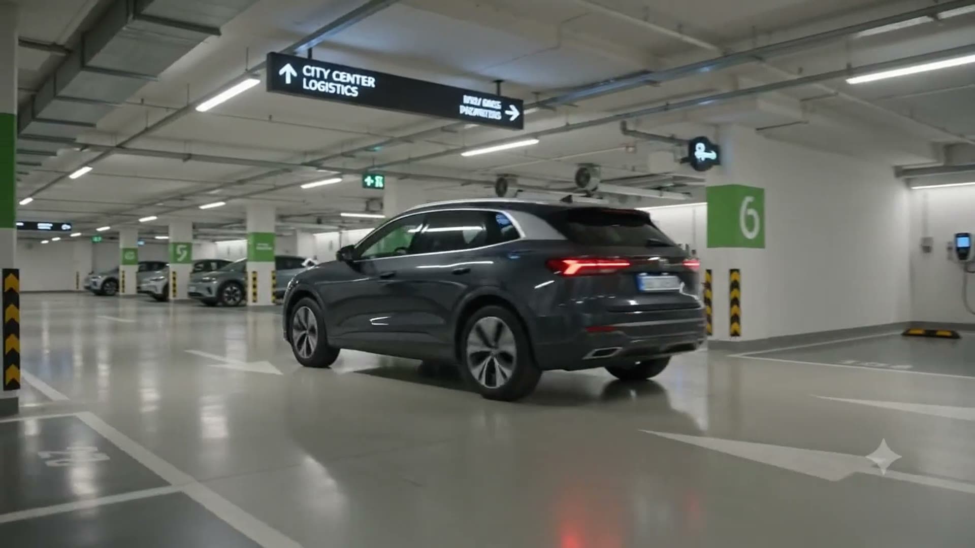 Filmstill aus Initiative für grünere Städte, ein autonomes Auto in einem Parkhaus