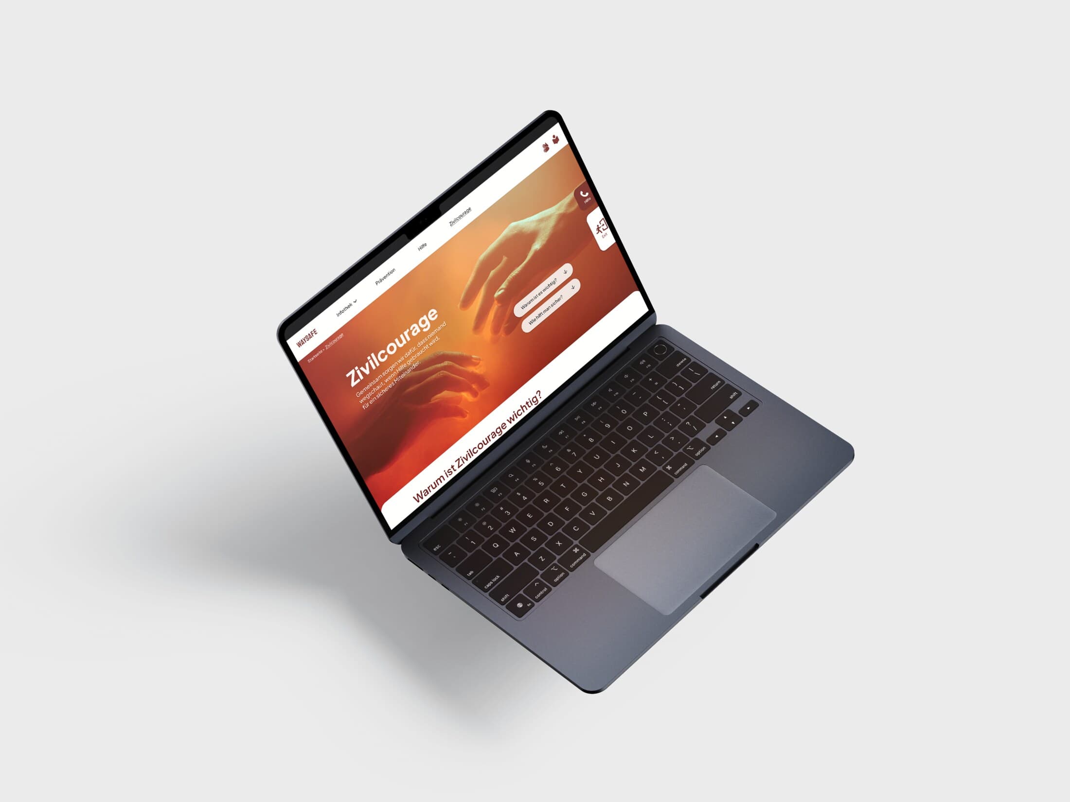 WaySafe im MacBook-Mockup: die Zivilcourage-Seite mit sich reichenden Händen als Titelmotiv