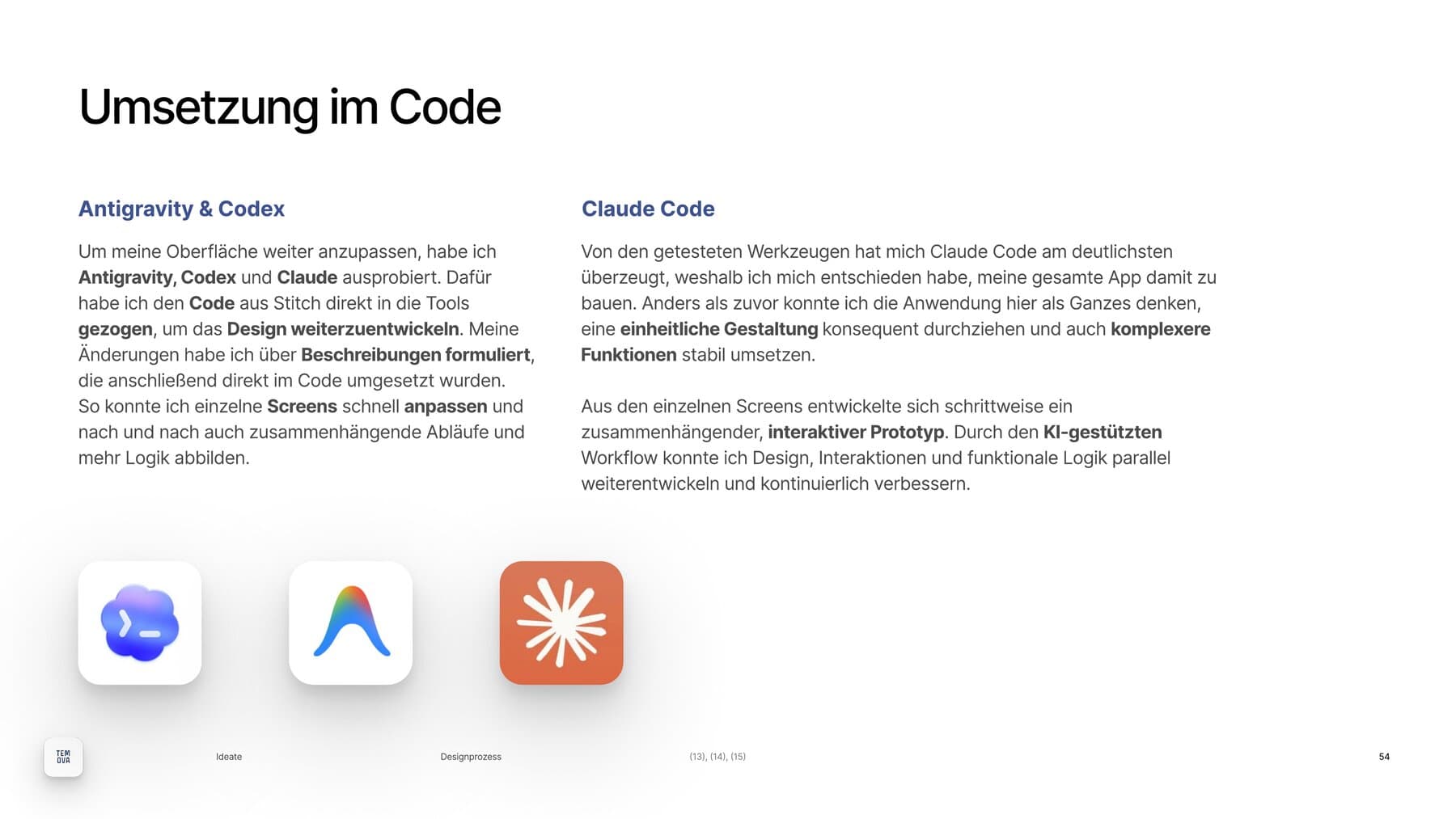 Doku-Seite „Umsetzung im Code“: Antigravity, Codex und Claude Code im Vergleich, mit Werkzeug-Icons